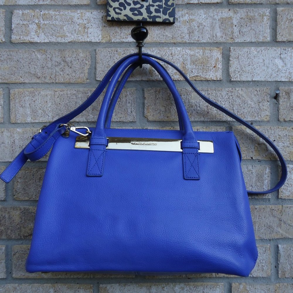 Vince Camuto blue pebbled leather satchel bag.